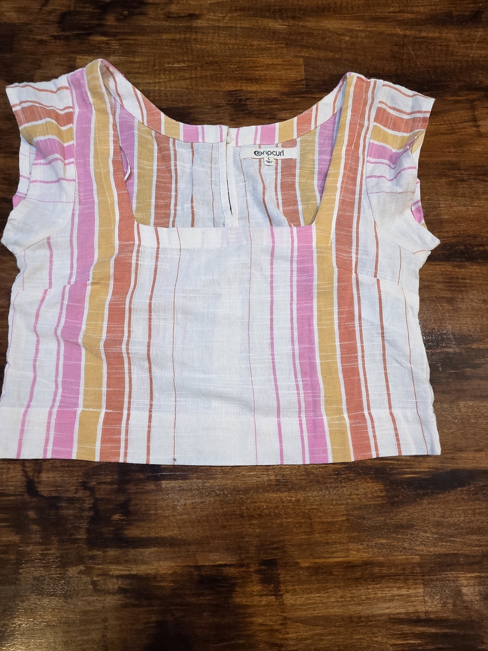 Rip Curl Shirt Womens Large Cream Pink Orange Striped Cropped Square Neck Boho